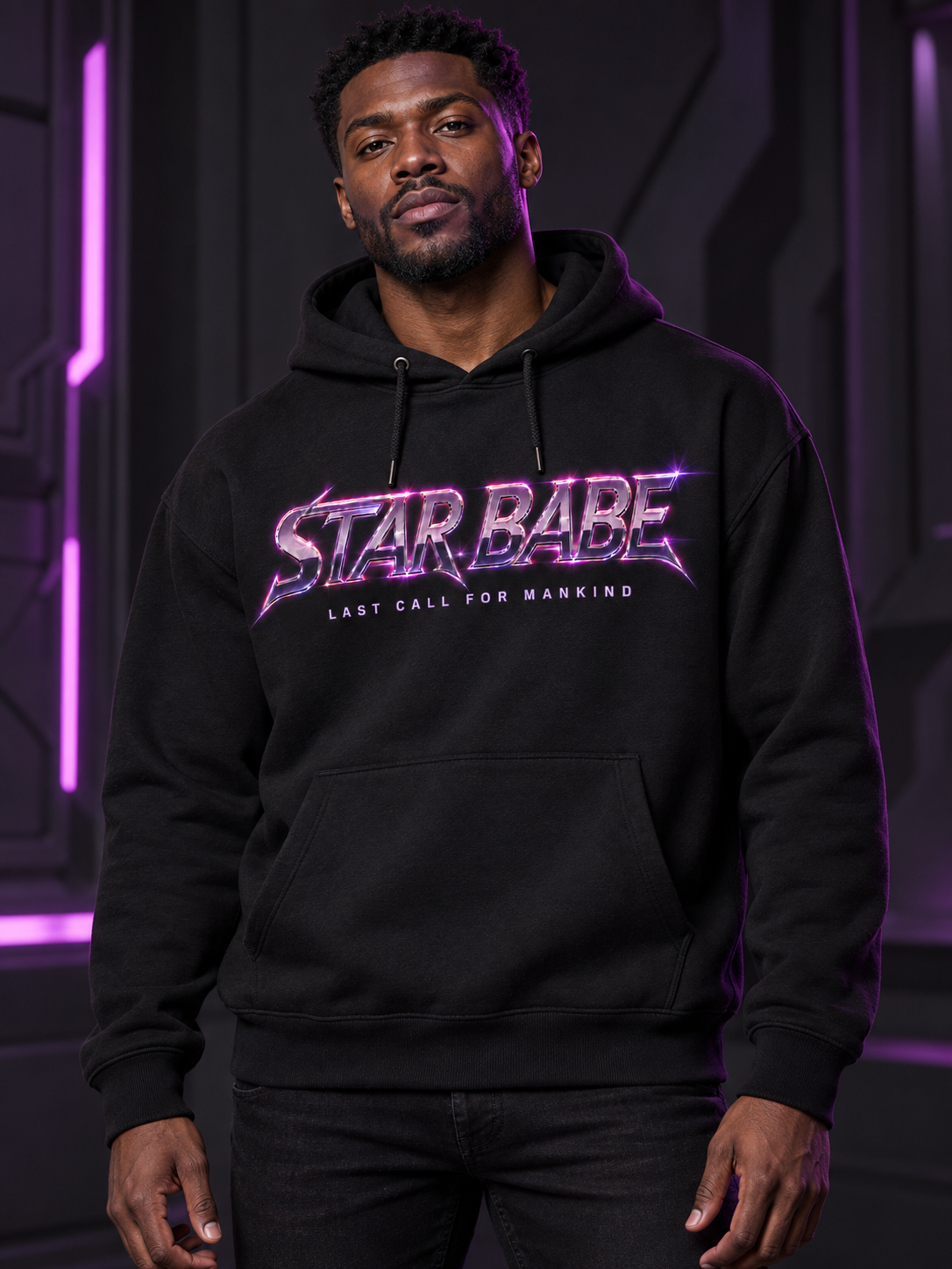 Model wearing a black Star Babe pullover hoodie with the chrome logo and Last call for mankind on the chest