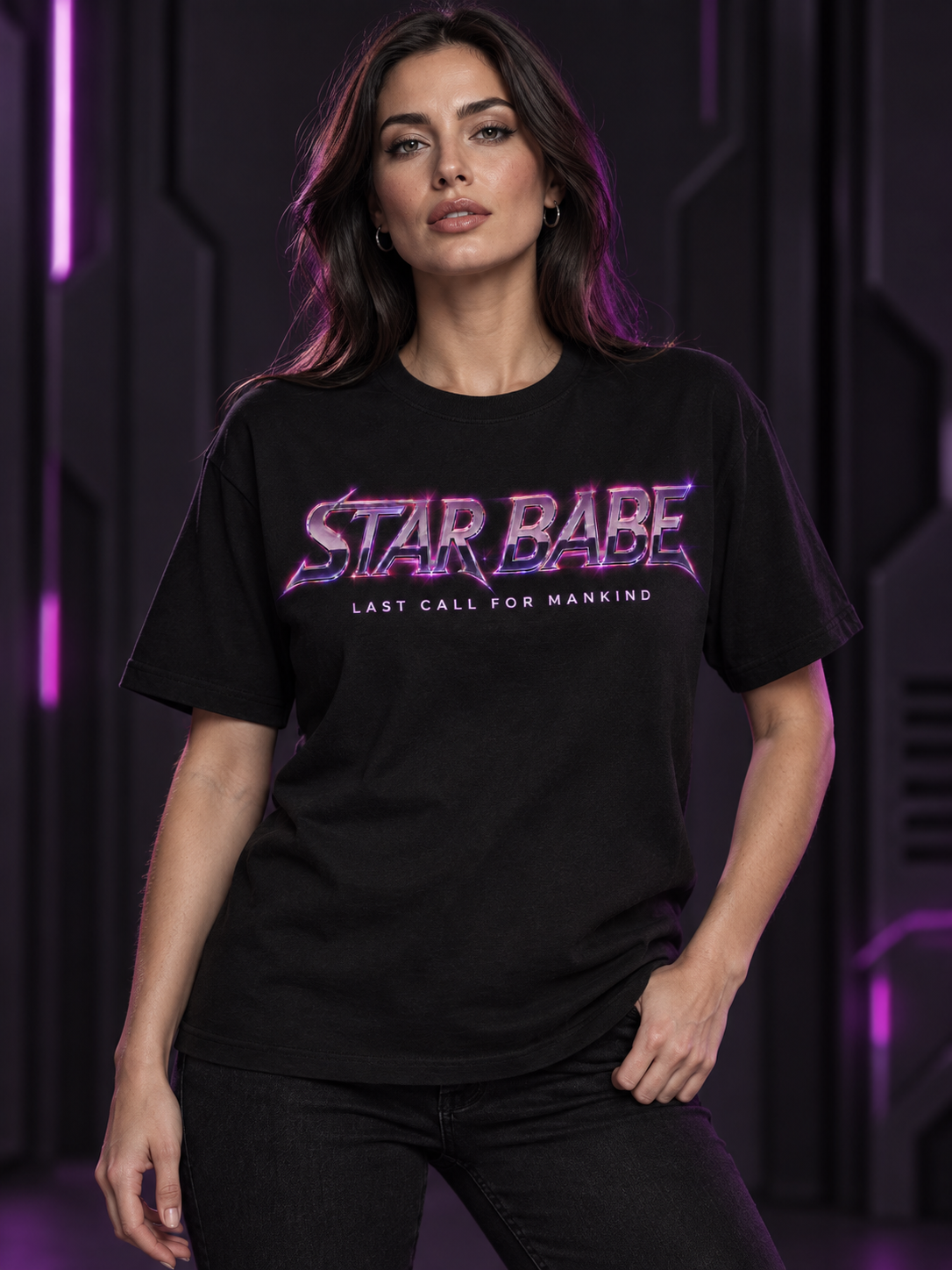 Model wearing a black Star Babe T-shirt with the chrome logo and Last call for mankind printed on the front