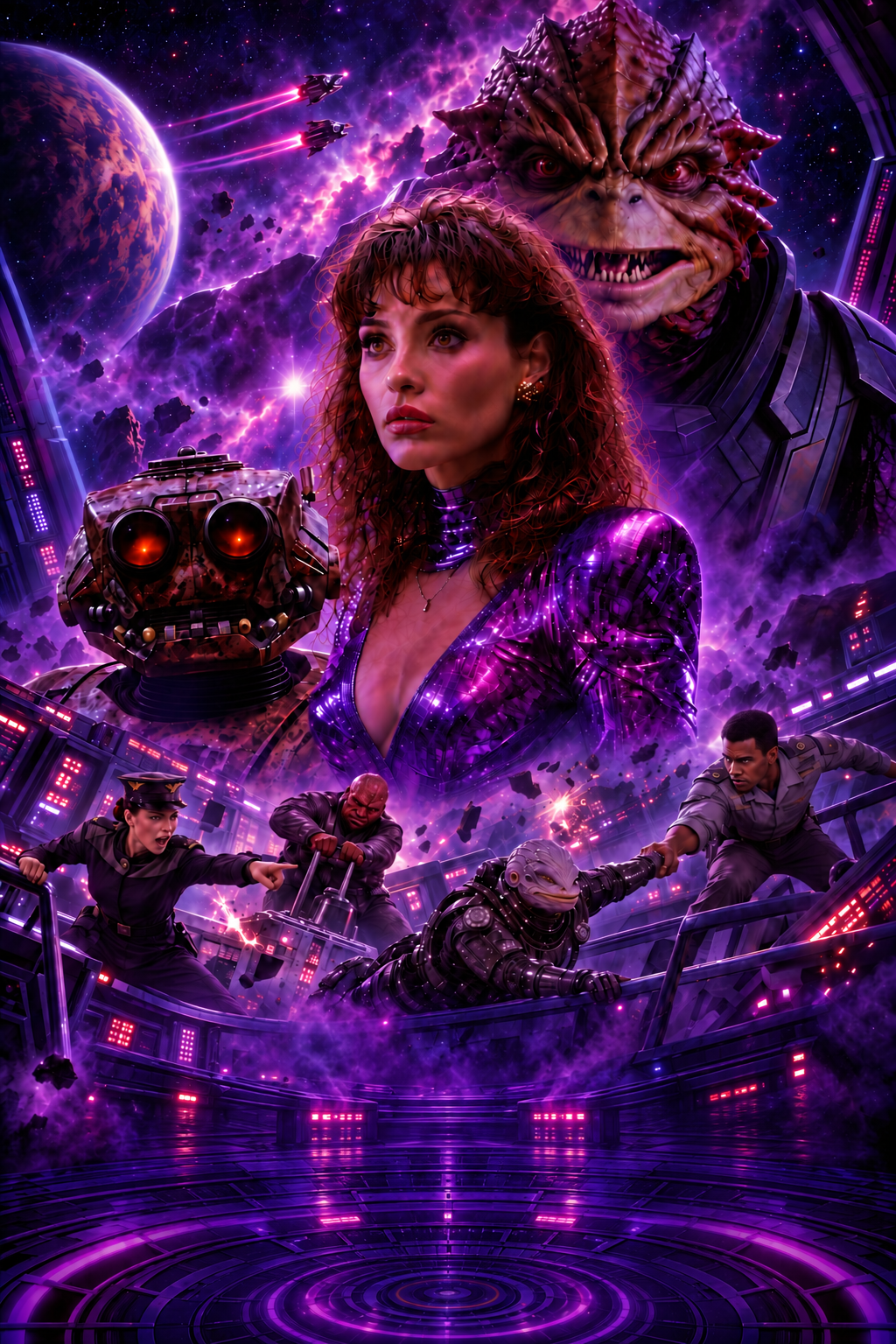 Vanessa, Mogar and Cosmo against a spectacular violet galaxy