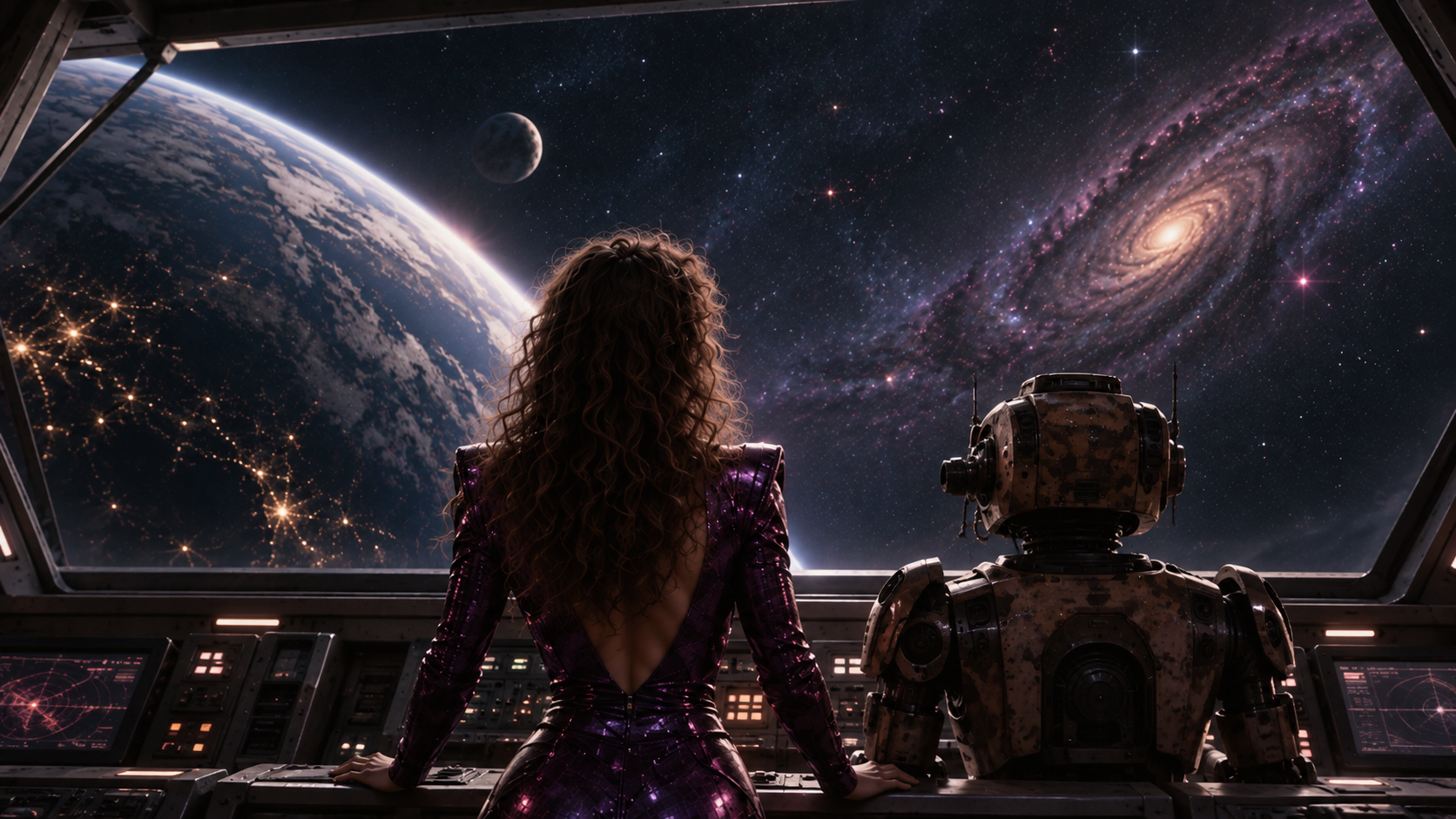 Vanessa and Cosmo look out from the starship bridge at a planet and a spiral galaxy