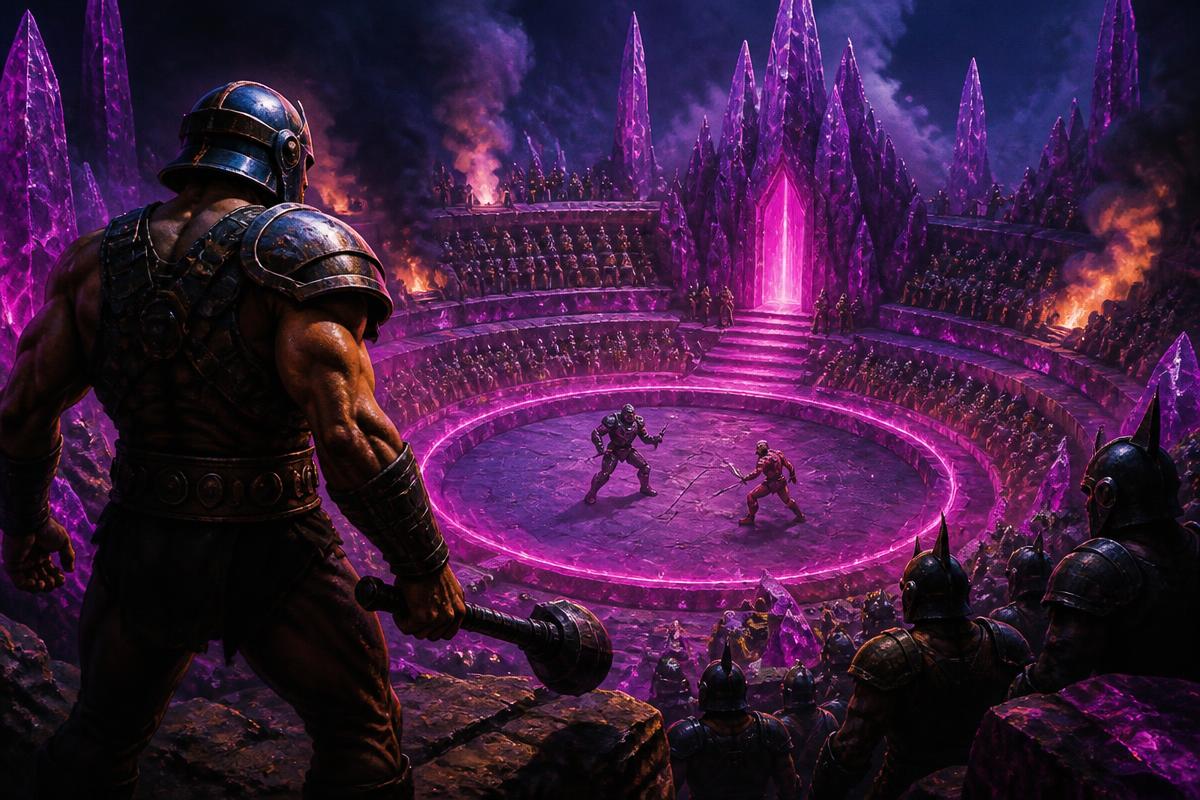 Gladiator arena carved into glowing purple crystal