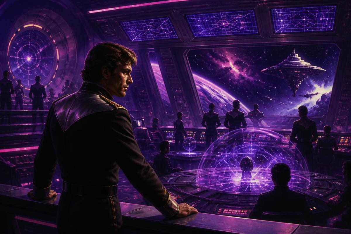 Neon-lit command deck with holographic star charts