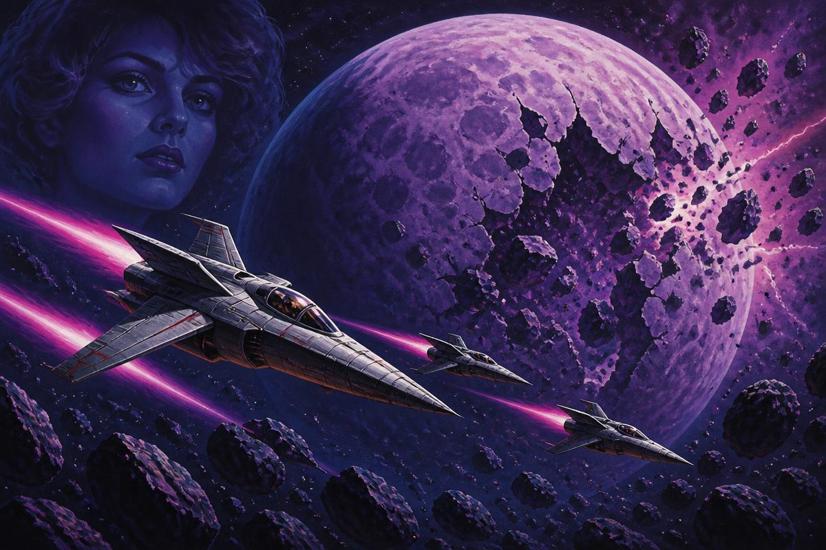 Starfighters streaking past a shattered violet moon