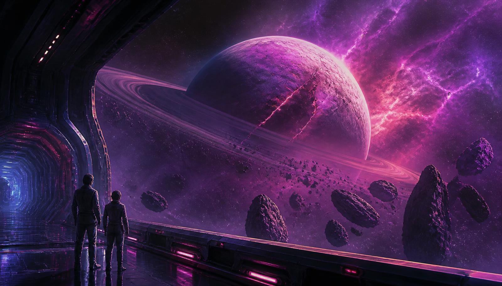 Crew looking out at a cracked ringed planet from a station corridor